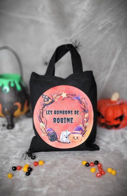 Sac à Bonbons Halloween Personnalisé chat fantôme et citrouille