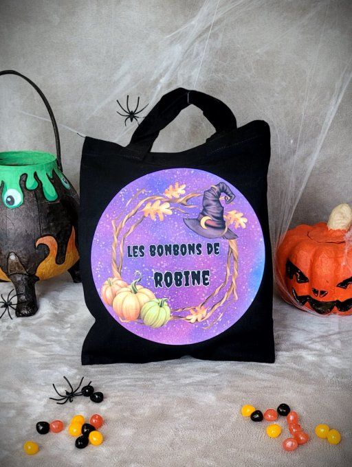 Sac à Bonbons Halloween Personnalisé citrouilles et chapeau de sorcière